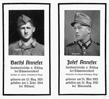 Sterbebildchen Barthl & Josef Anneser *1925 †1944 *1921 †1942