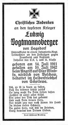 Sterbebildchen Ludwig Vogtmannsberger *14.07.1911 †10.07.1942