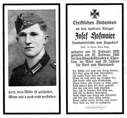 Sterbebildchen Josef Hofmaier *18.02.1920 †22.02.1943