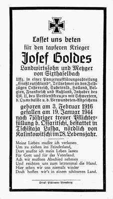Sterbebildchen Josef Goldes *03.02.1916 †19.01.1944