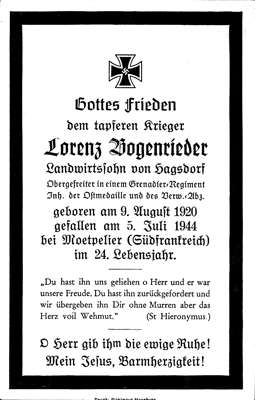 Sterbebildchen Lorenz Bogenrieder *09.08.1920 †05.07.1944
