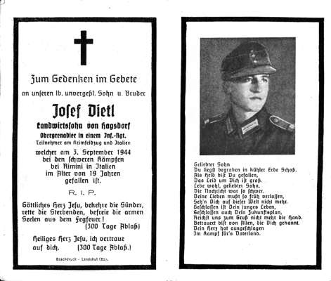 Sterbebildchen Josef Dietl *1925 †03.09.1944