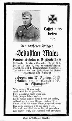 Sterbebildchen Sebastian Maier *17.01.1913 †14.08.1943