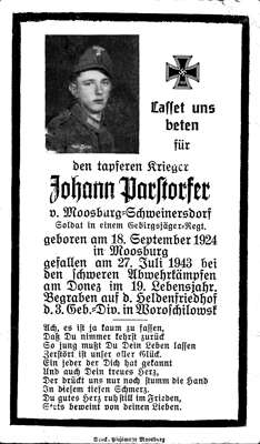 Sterbebildchen Johann Parstorfer *18.09.1924 †27.07.1943
