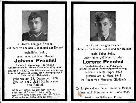 Sterbebildchen Johann & Lorenz Prechsl †02.07.1944 †01.03.1945