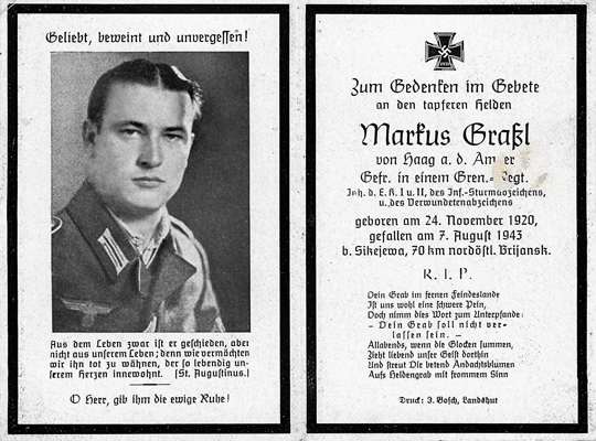 Sterbebildchen Markus Gra�l *24.11.1920 †07.08.1943