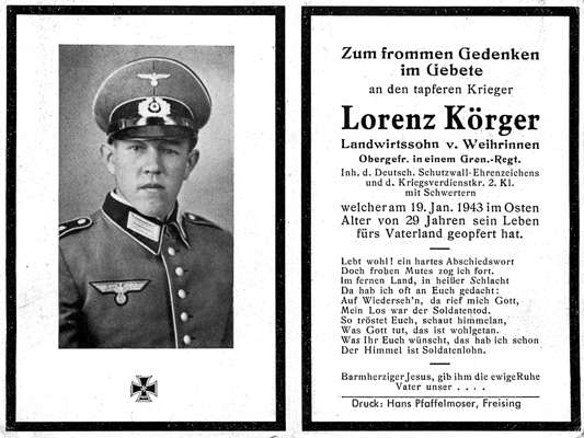 Sterbebildchen Lorenz K�rger *1914 †19.01.1943