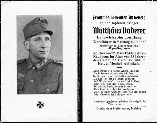 Sterbebildchen Matth�us Naderer *1910 †22.03.1943