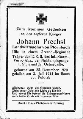 Sterbebildchen Johann Prechsl *25.12.1920 †02.07.1944