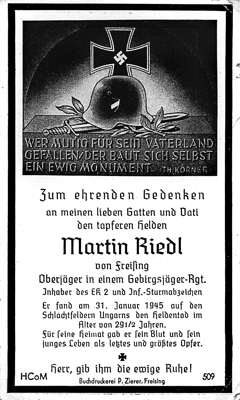 Sterbebildchen Martin Riedl *1915 †31.01.1945