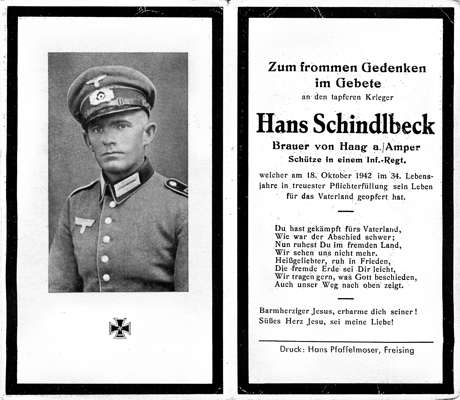Sterbebildchen Hans Schindlbeck *1908 †18.10.1942