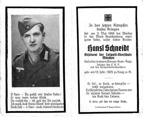 Sterbebildchen Hansl Schneidt *12.02.1925 †03.05.1945