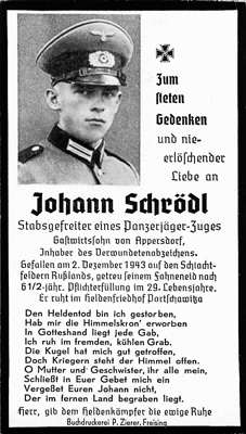 Sterbebildchen Johann Schr�dl *1914 †02.12.1943