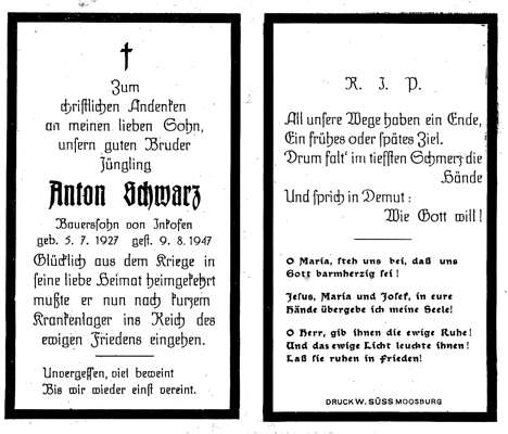 Sterbebildchen Anton Schwarz *05.07.1927 †09.08.1947
