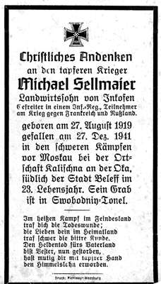 Sterbebildchen Michael Sellmaier *27.08.1919 †27.12.1941