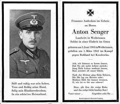Sterbebildchen Anton Senger *03.06.1903 †01.03.1942