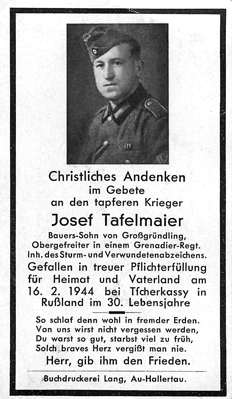 Sterbebildchen Josef Tafelmaier *1914 †16.02.1944