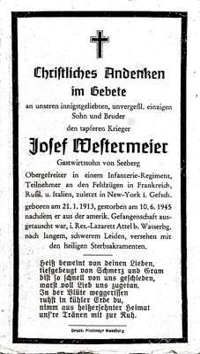 Sterbebildchen Josef Westermeier *21.01.1913 †10.06.1945