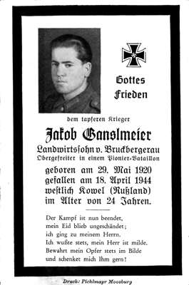 Sterbebildchen Jakob Ganslmeier *29.05.1920 †18.04.1944