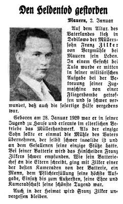 Franz Zilker - Den Heldentod gestorben
