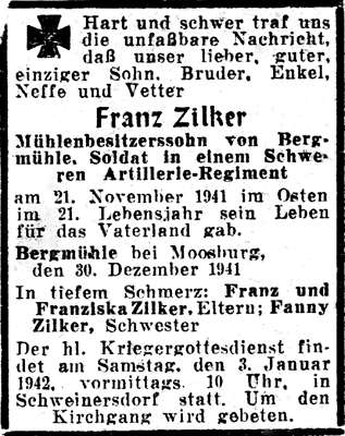 Franz Zilker - Todesanzeige