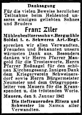 Franz Zilker - Danksagung