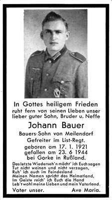 Sterbebildchen Johann Bauer, *17.01.1921 †23.06.1944