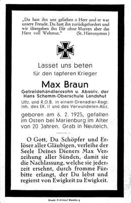 Moosburg Sterbebildchen Max Braun, *06.02.1925 †1945