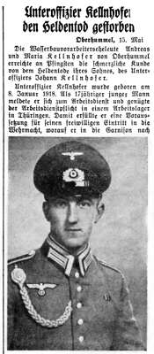 Unteroffizier Johann Kellnhofer den Heldentod gestorben, *08.01.1918&nbsp; †01.05.1940