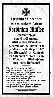 Sterbebildchen Korbinian M�ller, *08.03.1922 †08.08.1942