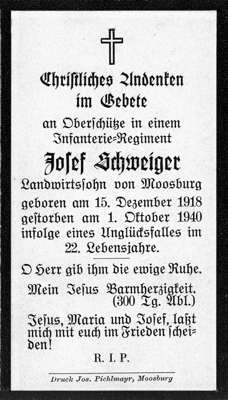 Moosburg Sterbebildchen Josef Schweiger, 1940