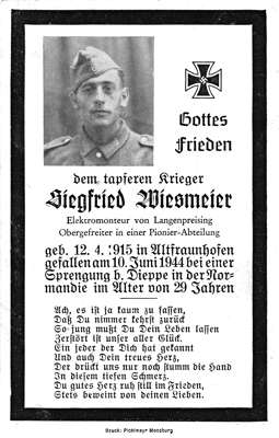 Sterbebildchen Siegfried Wiesmeier, Langenpreising, *12.04.1915 †10.06.1944