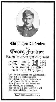 Sterbebildchen Georg Furtner, *06.07.1920 †06.07.1941
