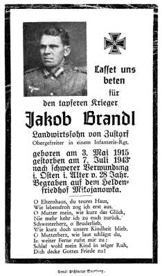 Sterbebildchen Jakob Brandl, Zustorf, *03.05.1915 †07.07.1943