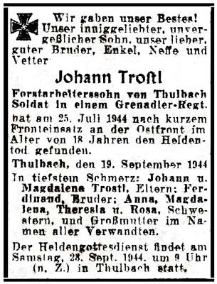 Sterbeanzeige Johann Trostl 1944