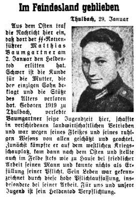 Zeitung zu Matthias Baumgartner, 1944
