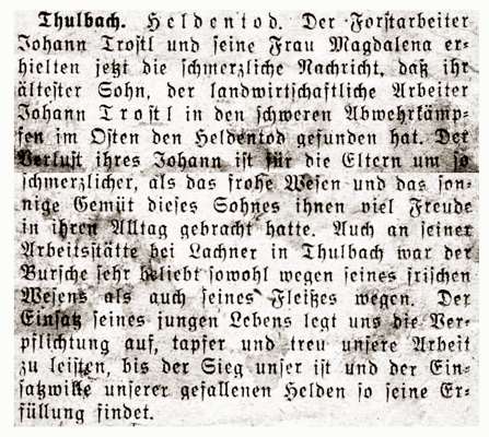 Sterbeanzeige Johann Trostl 1944