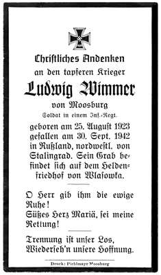 Moosburg Sterbebildchen Ludwig Wimmer, 1942