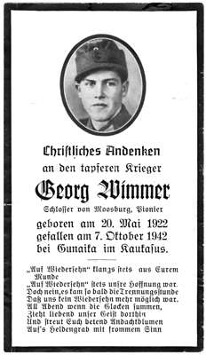 Moosburg Sterbebildchen Georg Wimmer, 1942