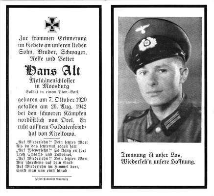 Moosburg Sterbebildchen Hans Alt, 1942