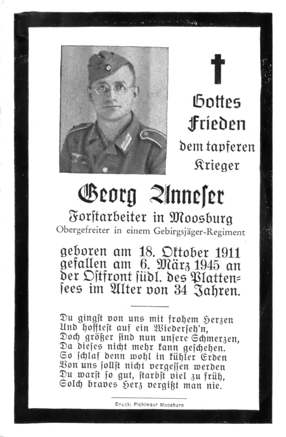 Moosburg Sterbebildchen Georg Anneser, 1945