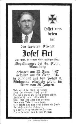 Moosburg Sterbebildchen Josef Art, 1943