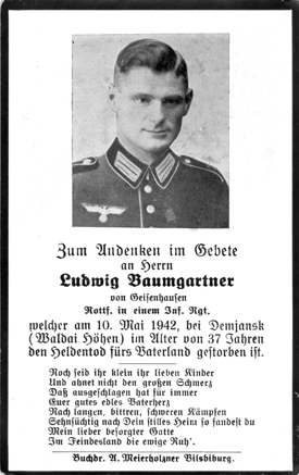 Moosburg Sterbebildchen Baumgartner Ludwig, 1942