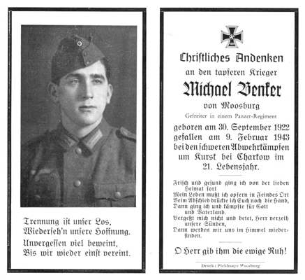 Moosburg Sterbebildchen Michael Benker, 1943