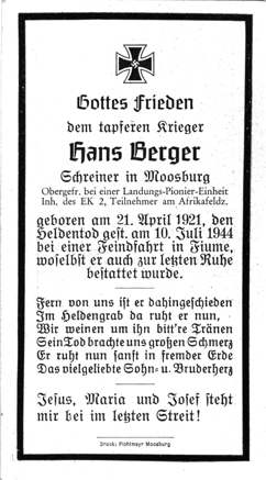 Moosburg Sterbebildchen Hans Berger, 1944