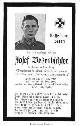 Moosburg Sterbebildchen Josef Betzenbichler, 1943