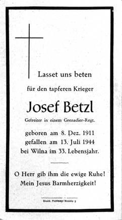 Moosburg Sterbebildchen Josef Betzl, 1944