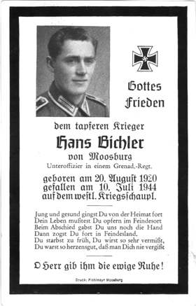 Moosburg Sterbebildchen Hans Bichler, 1944