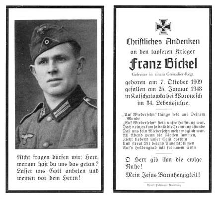 Moosburg Sterbebildchen Franz Bickel, 1943