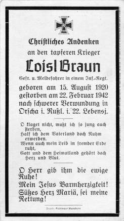Moosburg Sterbebildchen Loisl Braun, 1942